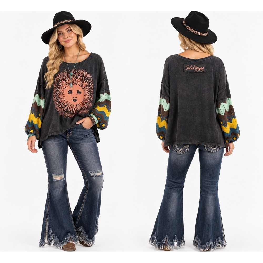 Jaded Gypsy Drifting Away Top O/S Sun Graphic Crochet Bell Sleeve Mineral Wash